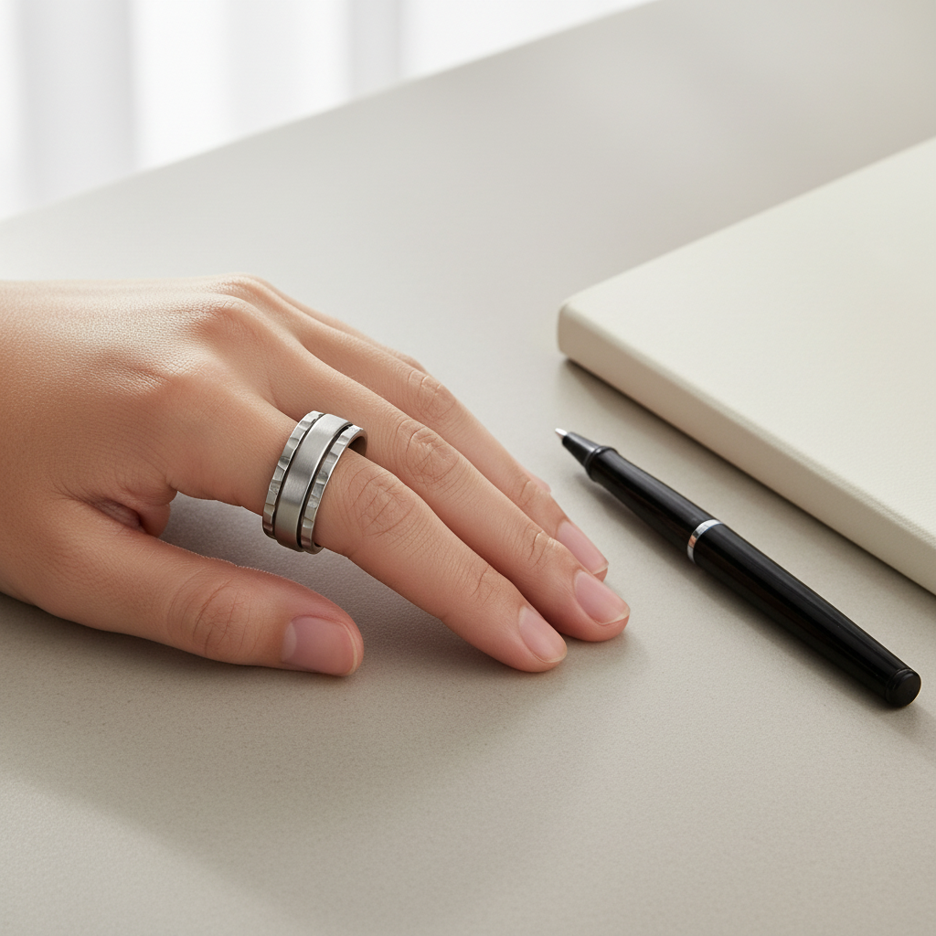 Fidget spinner ring worn on a hand beside a notebook and pen