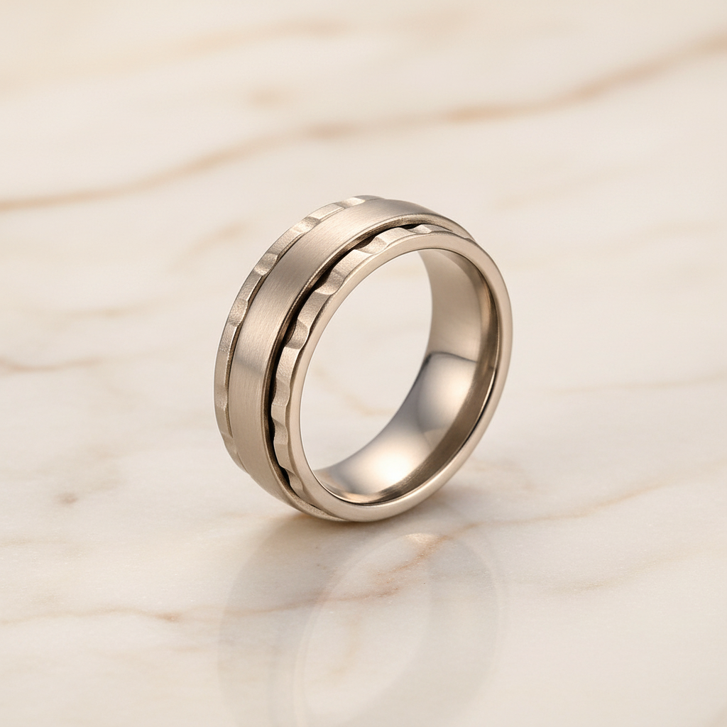 Fidget spinner ring with a rotating outer band on an ivory marble surface