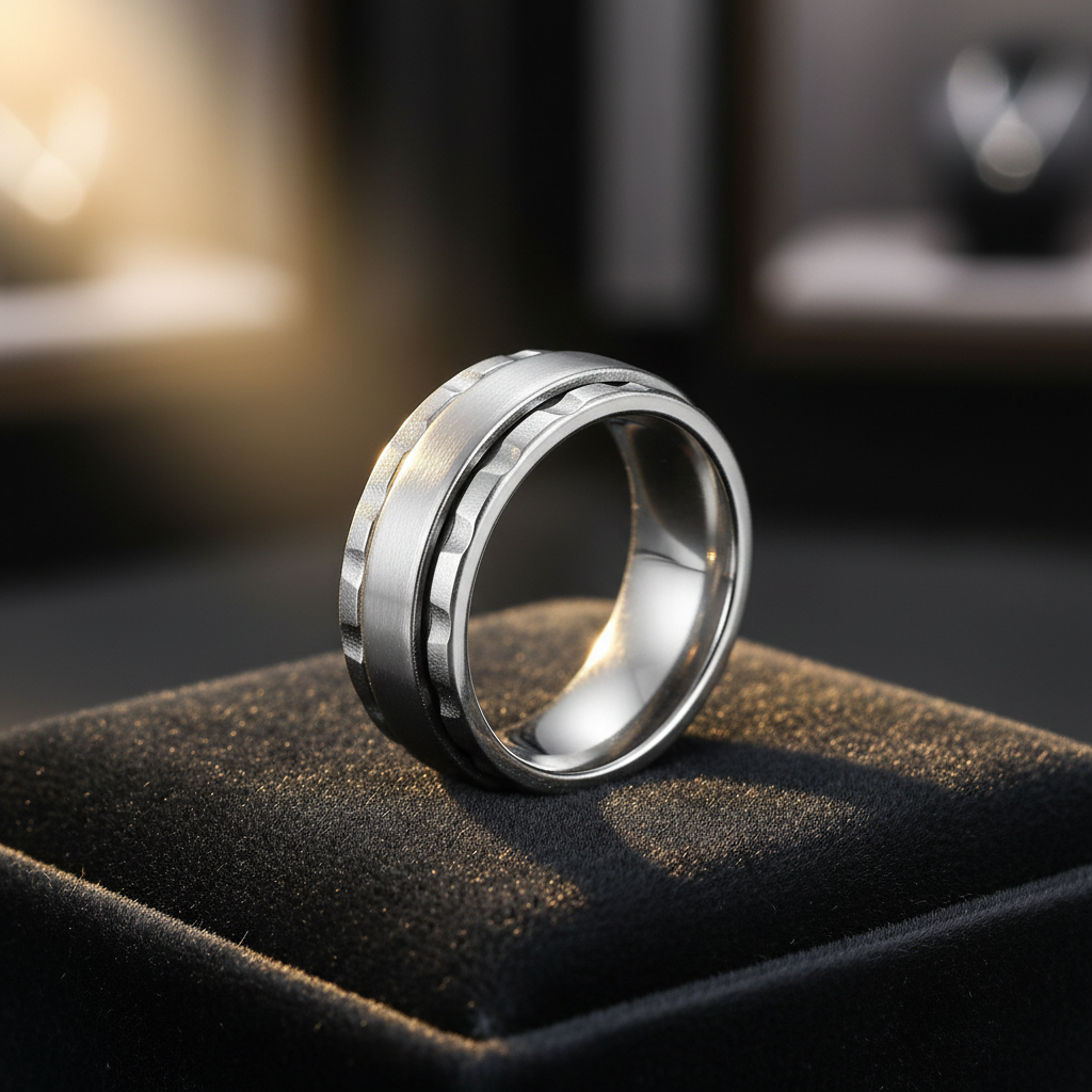 Fidget spinner ring displayed on black velvet with warm luxury lighting